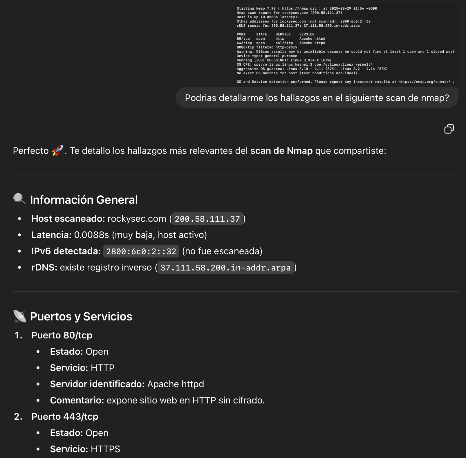 Resultado de un escaneo Nmap mostrando servicios web expuestos en los puertos 80, 443 y 8080, utilizado como ejemplo de cómo la IA puede resumir hallazgos en bug bounty y ciberseguridad